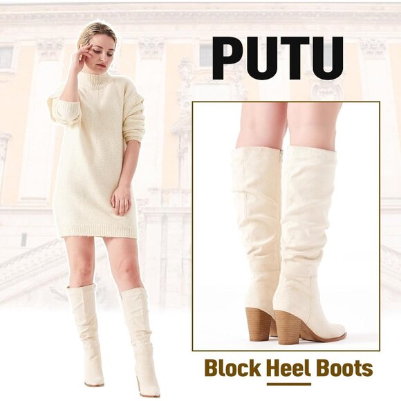 Women's Pointed Toe Knee High Faux Suede Slouch Beige High Boots Chunky Heels - Picture 4 of 6